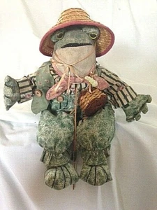 Frog 16" tall with removable hat heart shaped basket, green jeans scarf shirt - Picture 1 of 6