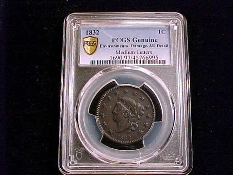 1832 Large Cent, N-2, Medium Letters, PCGS AU detail Cover