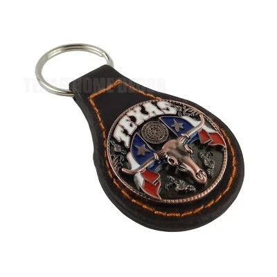 Brown Leather Key Fob With Ring Texas Flag Longhorn Copper Concho Color Enamel - Image 1 of 3