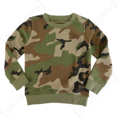 Kids Long Sleeve Sweater in Woodland Camo - Elasticated Cotton and Polyester - Image 1 of 3