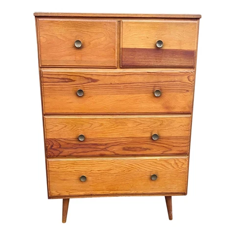 Vintage Mid-Century Modern Brown Pine Floor Mounted Chest of 5 Drawers Dresser Cover