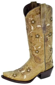 Sandfarbene Damen-Westernstiefel Cowboy-Kleid Blumenstickerei durchbrochene Zehenpartie Botas - Bild 1 von 7