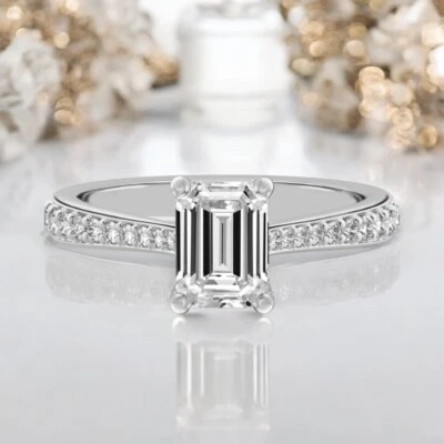 Emerald Diamond Wedding Ring 1.25 Ct Lab Created 18K White Gold IGI  E F VS - Image 1 of 4