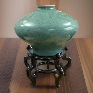 Vintage Celadon Crackle Vase Large 18x13" in Diameter 16lbs.  w/ Wood Stand - Picture 1 of 5