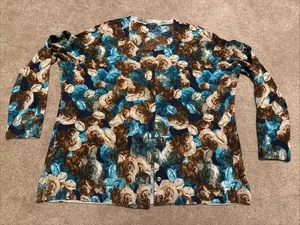 Talbots reine 100% Merinowolle Knopf Strickjacke Pullover Gr. 2X grün braun geblümt - Bild 1 von 9
