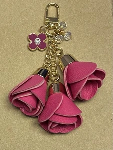 FLORAL HOT PINK LEATHER ROSE TASSEL GOLD CRYSTAL BAG CHARM MINI CLIP SHORT 5” - Picture 1 of 11