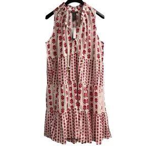 Chelsea & Theodore Kleid Damen 1X weiß rot Blumen Stufen Midi ärmellos Rüschen - Bild 1 von 11