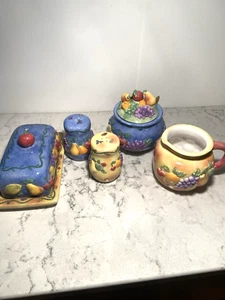 Sango Sangria Handpainted Creamer,Sugar w/Lid, Salt & Pepper & Butter Dish Spoon - Picture 1 of 24