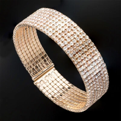 Brazalete elástico con puño abierto AAA CZ micro pavé relleno de oro para mujer #TB07 Foto 1 de 4