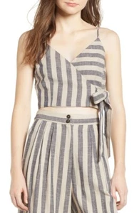 ASTR The Label 158142 Women's Wrap Crop Top Navy-Tan Stripe Sz. Large - Picture 1 of 2