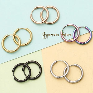 MENS WOMEN BLACK SILVER GOLD ROSE CHROME 8-14MM ROUND BAND HOOP SLEEPER EARRINGS - Picture 1 of 13