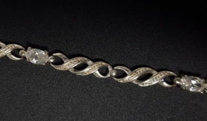 Sterling Silver CZ Station Tennis Bracelet Vtg SU Thailand 925 Marquise Loop - Picture 1 of 19