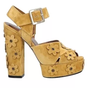 Roger Vivier Floral-Appliqué Suede Platform Sandal = Khaki Golden US: 10.5 - Picture 1 of 16