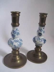 Candle Holders Antique Pair of Brass / Porcelain Made In Thailand - Picture 1 of 9