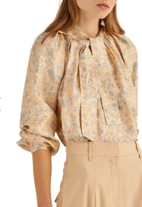 Oroton 100% Silk "Marble print" Long Sleeve Blouse in champagne/blue Size UK14 - Bild 1 von 12