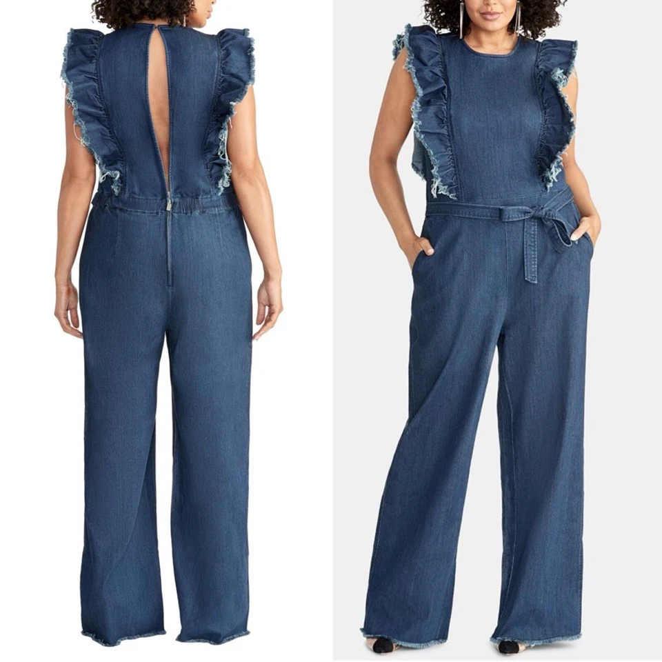 NUEVO CON ETIQUETAS $179 Mono Jean Rachel Roy Talla Grande 22W Denim Oscuro con Volantes Pierna Ancha Foto 1 de 4