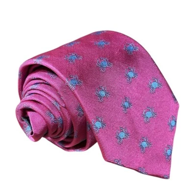 Corbata Ben Silver Cuello Para Hombre Rosa Azul Cangrejo AOP Seda Charleston Inglaterra Hecha en Reino Unido Foto 1 de 4