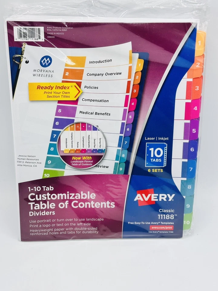 Avery Classic Customizable Table Of Contents Dividers, 10 Tab - 6 Sets - New - Image 1 of 1