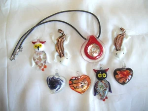 8 Glass Pendants-Owls-2-Lizard-2-Flower-1-Designes-3-Never Wore-2-2 1/2" Long - Picture 1 of 4