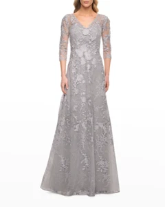 La Femme Women's Size 16 Silver Floral Lace A-Line Long Gown, NWT - Picture 1 of 12