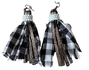 Women's Dangle Cloth Earrings w/White Beads Gingham Print 4" Tall - Picture 1 of 4