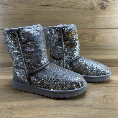 UGG Classic Short Cosmos Silver Sequin Boots 8 Gold Shearling Fur Lined Pink - Image 1 of 4