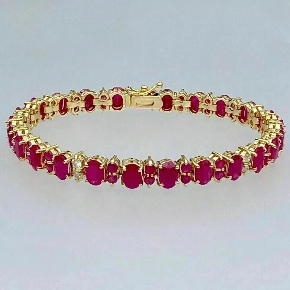 Oval & Round Cut Ruby & Diamond Bracelet Tennis 14K Yellow Gold Finish 5.00 Ct - Image 1 of 1