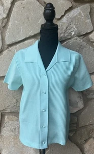 Vintage Diolen Cardigan Sweater Top S/M Turquoise Blue Ribbed Short Sleeve EC - Picture 1 of 8