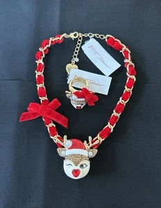 Neu! Betsey Johnson Rentier Weihnachten Urlaub Statement Halskette Ring Set Neu - Bild 1 von 6