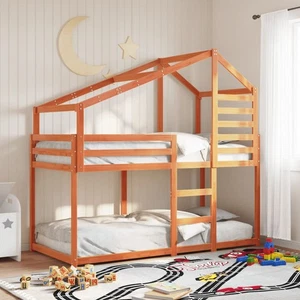 Braunes Etagenbett aus massiver Kiefer mit Dach, 90x200 cm, platzsparendes Design für Kinder - Bild 1 von 5