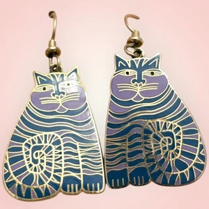Vintage Laurel Burch "SHAMBALA" Drop Earrings, Gold tone, Blue And Purple Accent - Picture 1 of 4