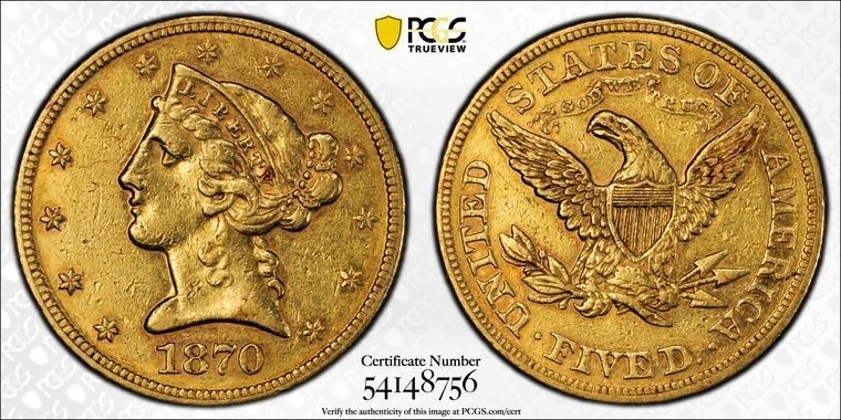 1870 $5 Liberty Head Gold Coin NGC AU Low mintage Year - Hard to find ! - Image 1 of 1