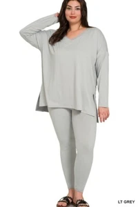 GRAY 2 PC PLUS BRUSHED MICROFIBER LOUNGEWEAR SET BUTTERY SOFT TOP & LEGGINGS - Picture 1 of 1