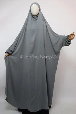 Vestido de oración musulmán con bolsillos largos de una pieza Jilbab gris caqui Foto 1 de 4