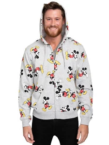 Mickey Mouse Zip Up Hoodie All-Over Print Sweatshirt Heather Gray Disney Mens - Picture 1 of 5