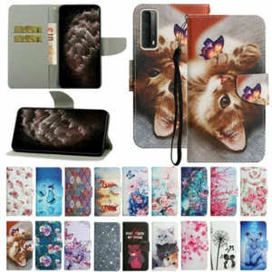 Painted Flip Leather Wallet Stand Phone Case For Huawei P Smart P30 P40 Lite E - Picture 1 of 66