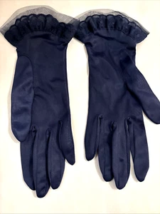 Vintage Pair of Nylon Navy Blue Wrist Length Gloves Lace Border Made in USA - Picture 1 of 10