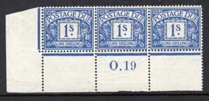 1915 1/- BRIGHT BLUE POSTAGE DUE CYPHER WMK CONTROL (O.19) STRIP OF 3. SG D8Wi - Picture 1 of 1