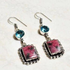 Rhodonite Blue Topaz Handmade Drop Dangle Earrings Jewelry 2" AE 13538 - Picture 1 of 1