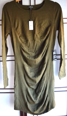 Vestido ceñido al cuerpo Express para mujer grande verde oliva cuello redondo tejido LS NUEVO CON ETIQUETAS $69 Foto 1 de 4