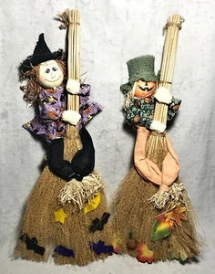 21” Halloween Lot Of 2 Witch & Pumpkin Scarecrow On Broomstick Wall Decor - Picture 1 of 12
