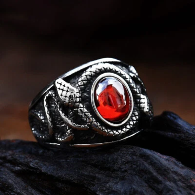 Anillo Doble Serpiente Roja Circonita cúbica Acero Inoxidable Sangre de Vampiro Anillo De Motociclista De Colección Para Hombre Foto 1 de 2