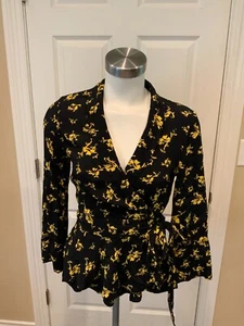Ganni Black & Yellow Floral Crepe Wrap Top, Size XS (US) 34 (EU) NWT! - Picture 1 of 6