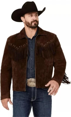 Men’s Brown Suede Leather Jacket With Fringe Western jacket Cowboy Style - Image 1 of 4