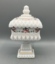 Vintage Westmoreland Milk Glass Pedestal Candy Dish Hand Painted with Lid