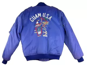 VINTAGE GUAM EMBROIDERED SOUVENIR BOMBER JACKET LARGE BLUE Sammys Embroidered - Picture 1 of 14