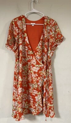 J Jill Size LP Papaya Floral Ruffle Wrap Dress Flutter Sleeve Career Coral Red - Image 1 of 4