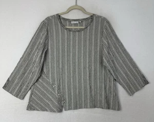Habitat Women's Blouse Stretch Crew Neck Crinkle Gray Stripe Plaid Trim Size M - Picture 1 of 12