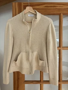St. John Sport by Marie Wool Beige Zip-Up Cardigan Sweater SZ Med Gold Speckles - Picture 1 of 13