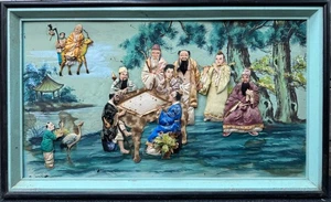 China Großes Seidenreliefbild "Die acht Unsterblichen, Mah Jong" 100x60 cm - Bild 1 von 5